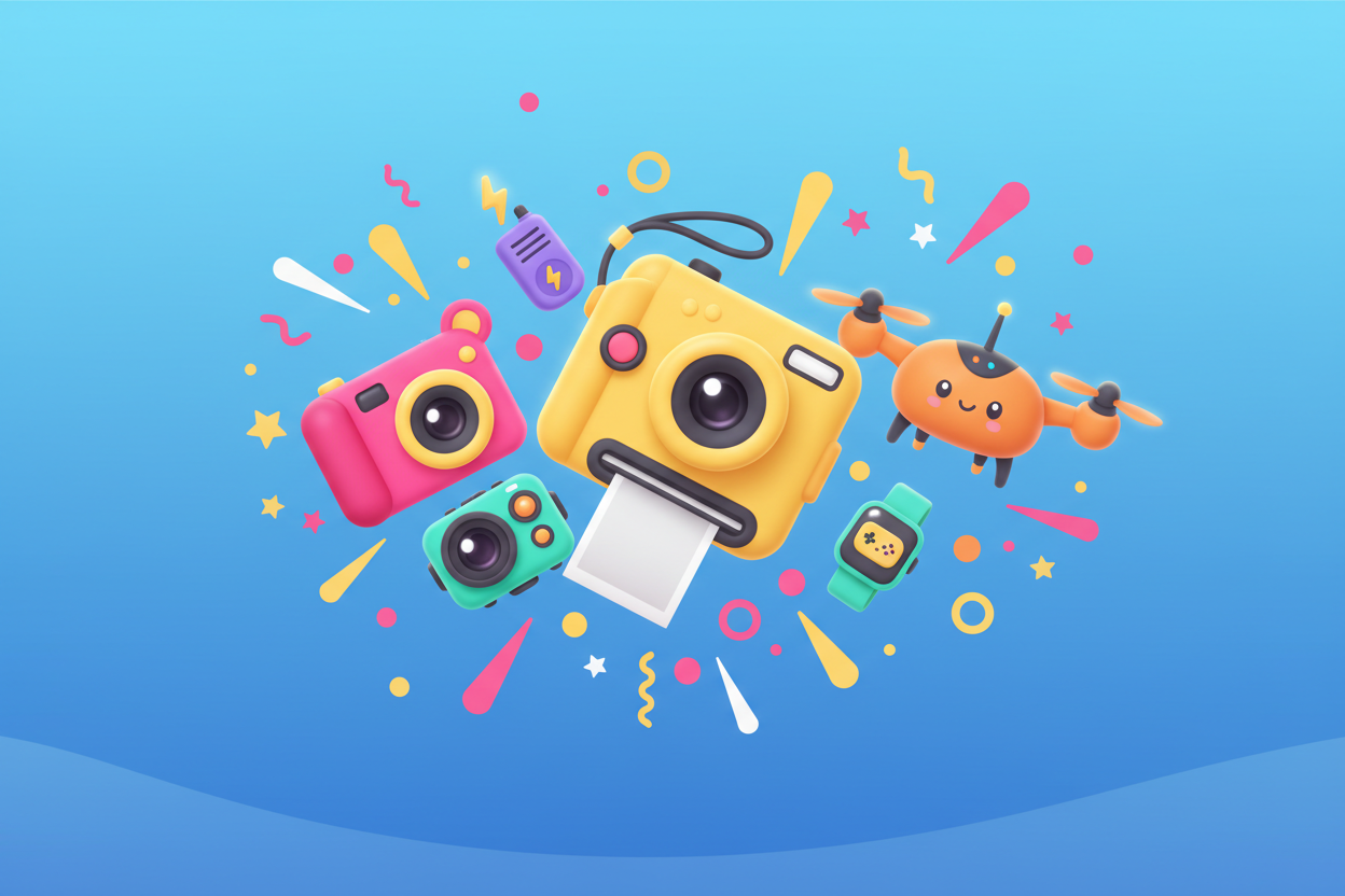 image banner for kids cameras and gadgets store with blue back groung attractive